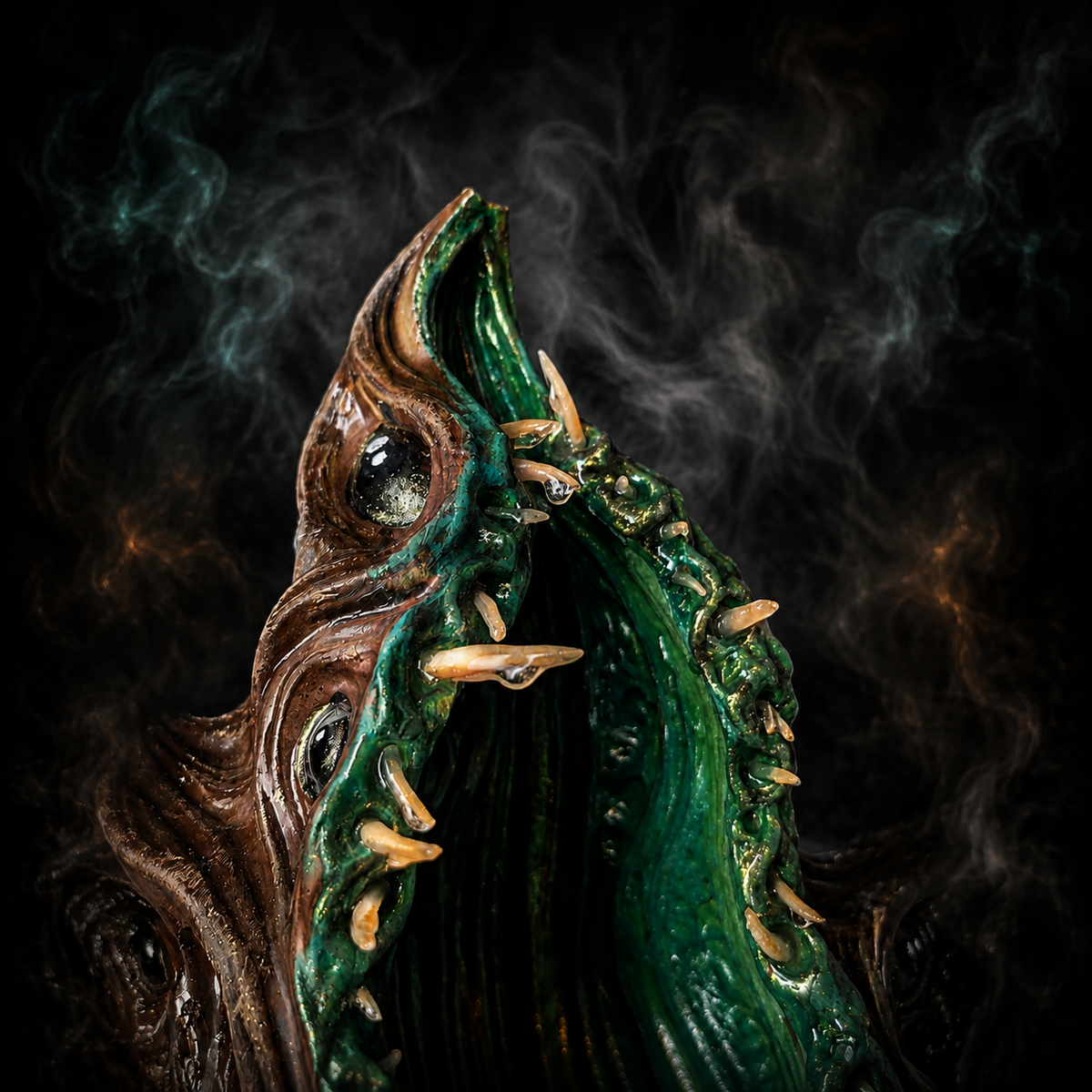 Close view into The Watching Maw green planting cavity and sculpted teeth