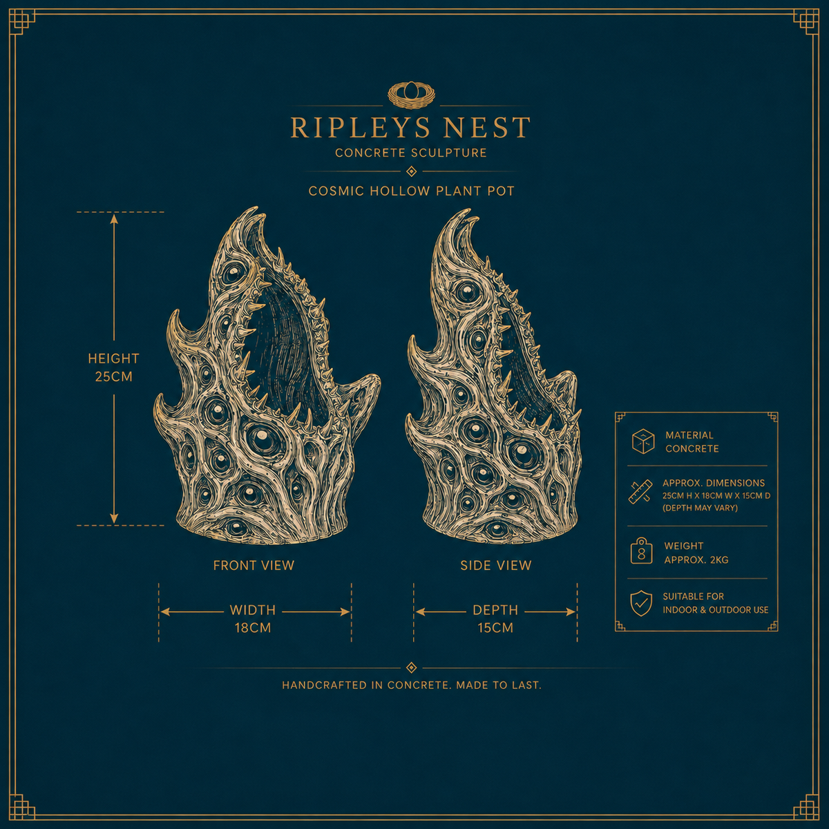 The Watching Maw dimensions showing 25 cm high, 18 cm wide and 15 cm deep