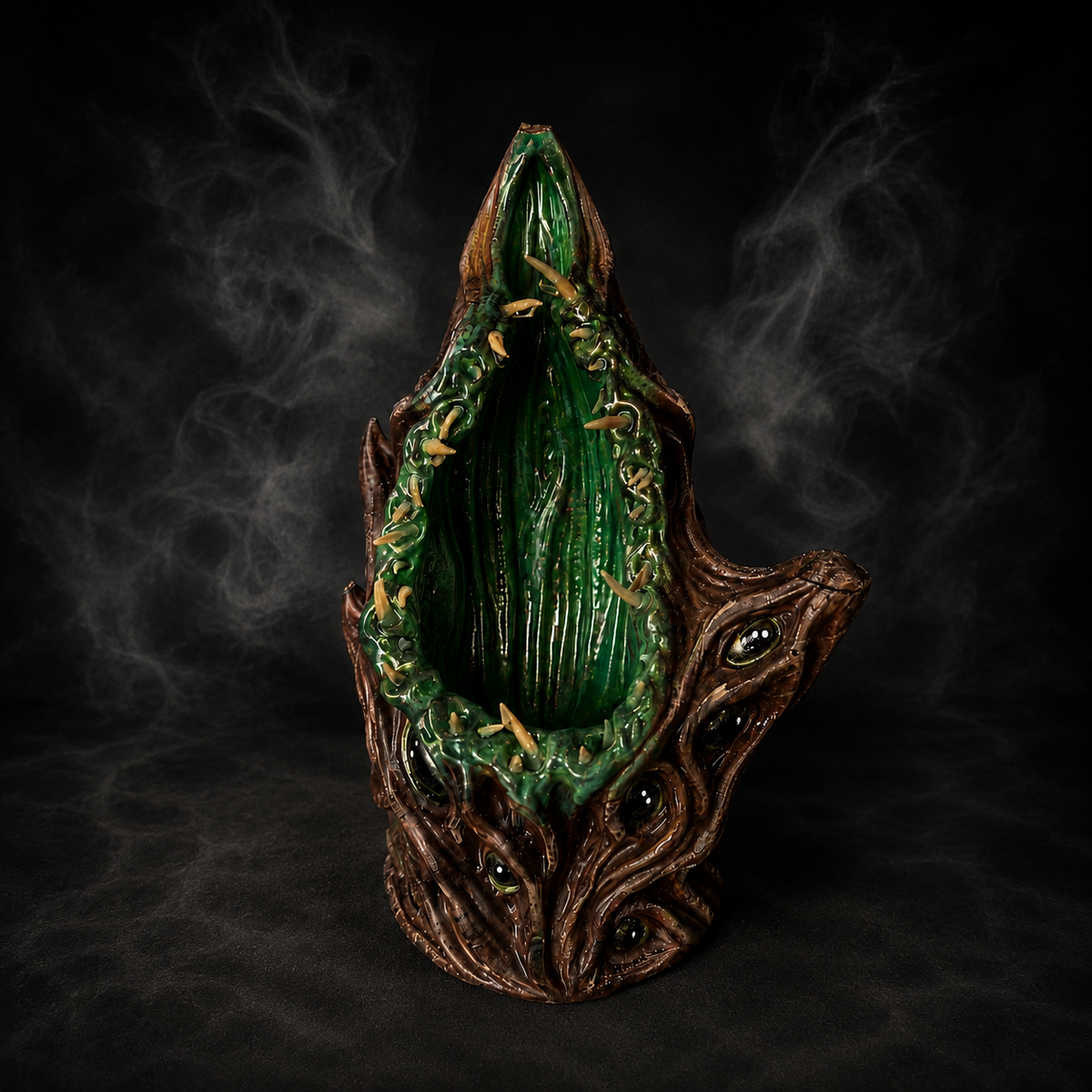 The Watching Maw empty cast stone planter showing the deep green planting cavity and teeth