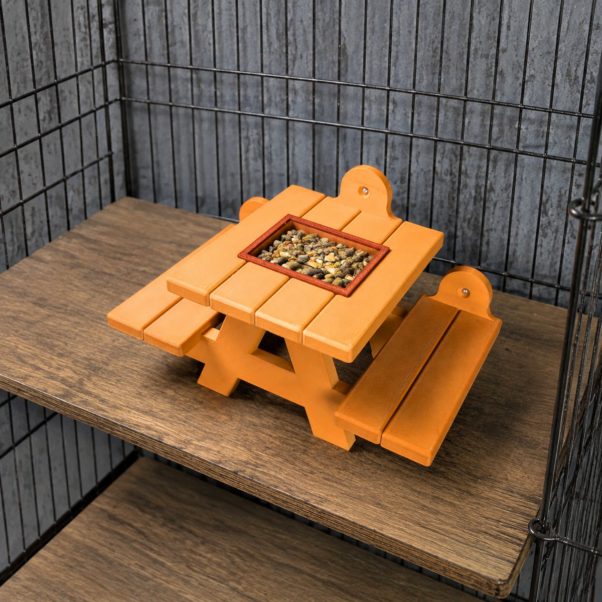 Top view of the rat picnic bench with the food bowl removed