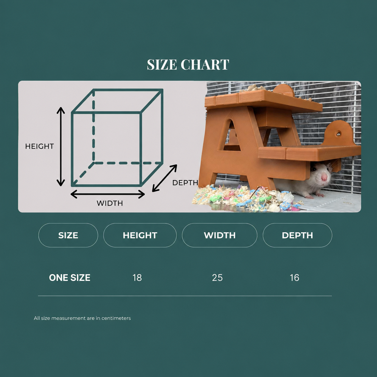 Rat picnic bench size chart showing 18 cm high, 25 cm wide and 16 cm deep