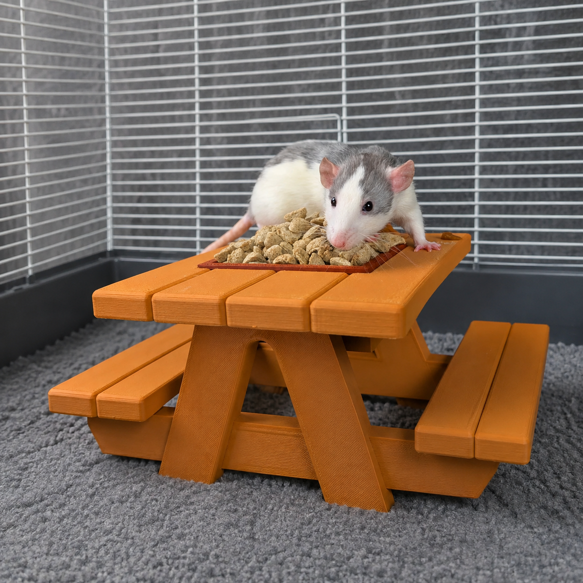 Pet rat eating from the raised bowl on the picnic bench feeder