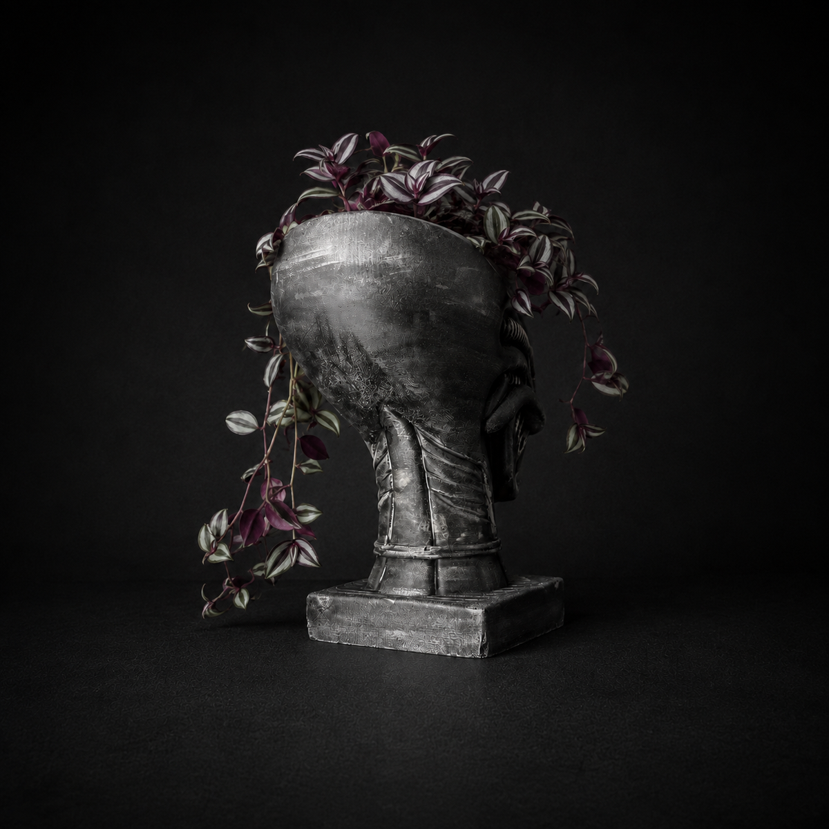 Rear view of Xenophyte cast stone head planter with trailing plant