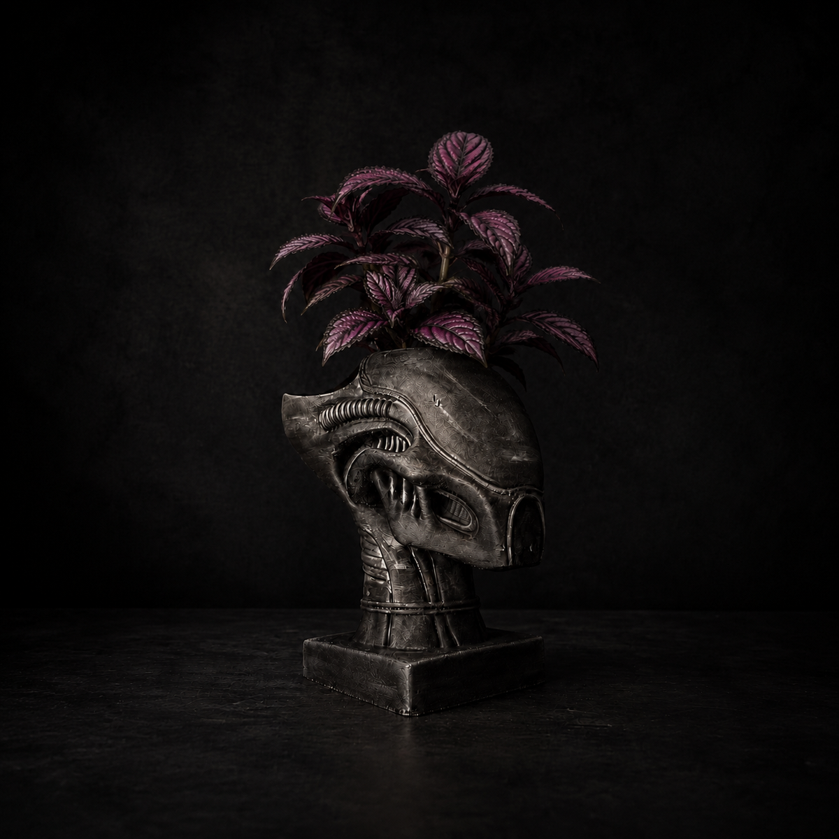 Xenophyte sci fi head plant pot shown from front angle