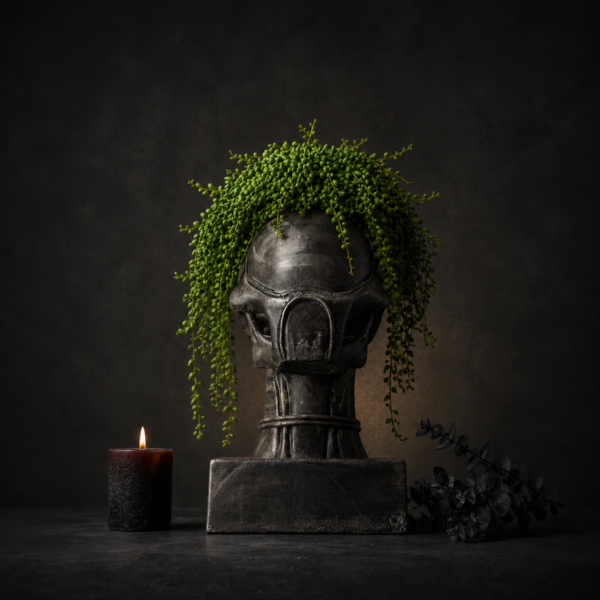 Xenophyte black cast stone planter with trailing green plant