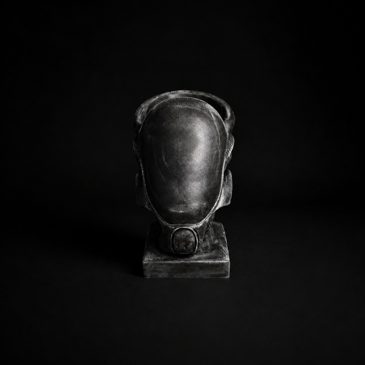 Front view of Xenophyte alien head planter in black cast stone
