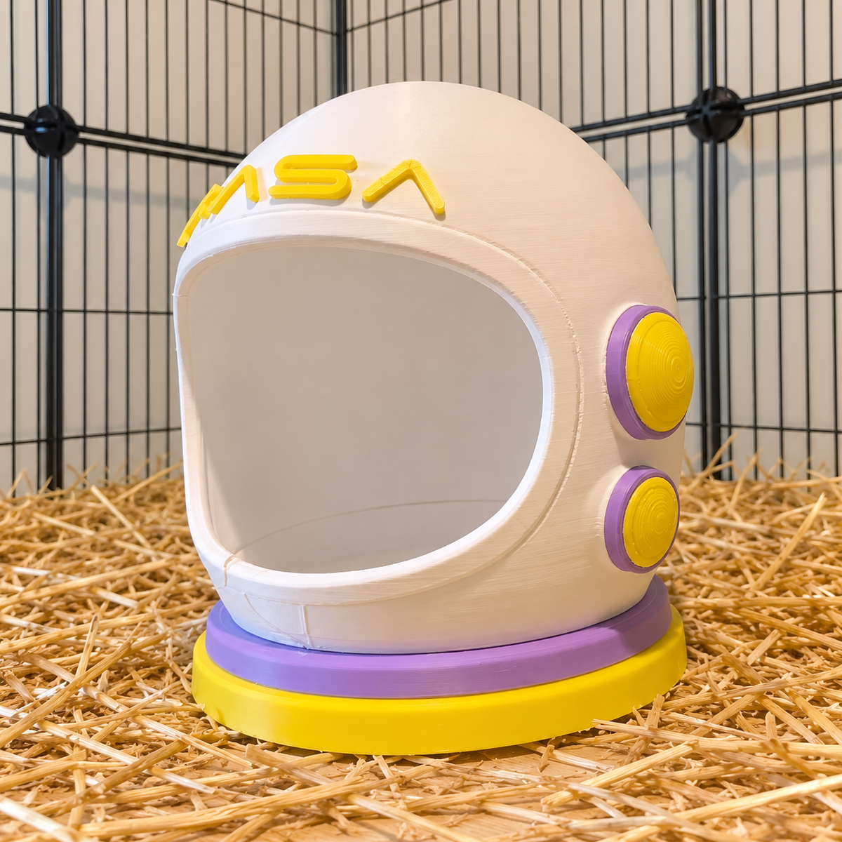 Empty ivory helmet floor hide seen from the front and right side on cage bedding.
