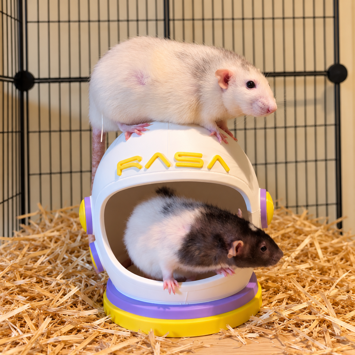 A cream rat sits on the helmet while a black-and-white rat looks through its visor.