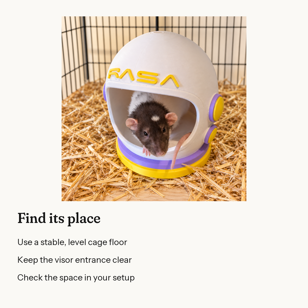 Information card: Find its place. Use a stable, level cage floor. Keep the visor entrance clear. Check the space in your setup.
