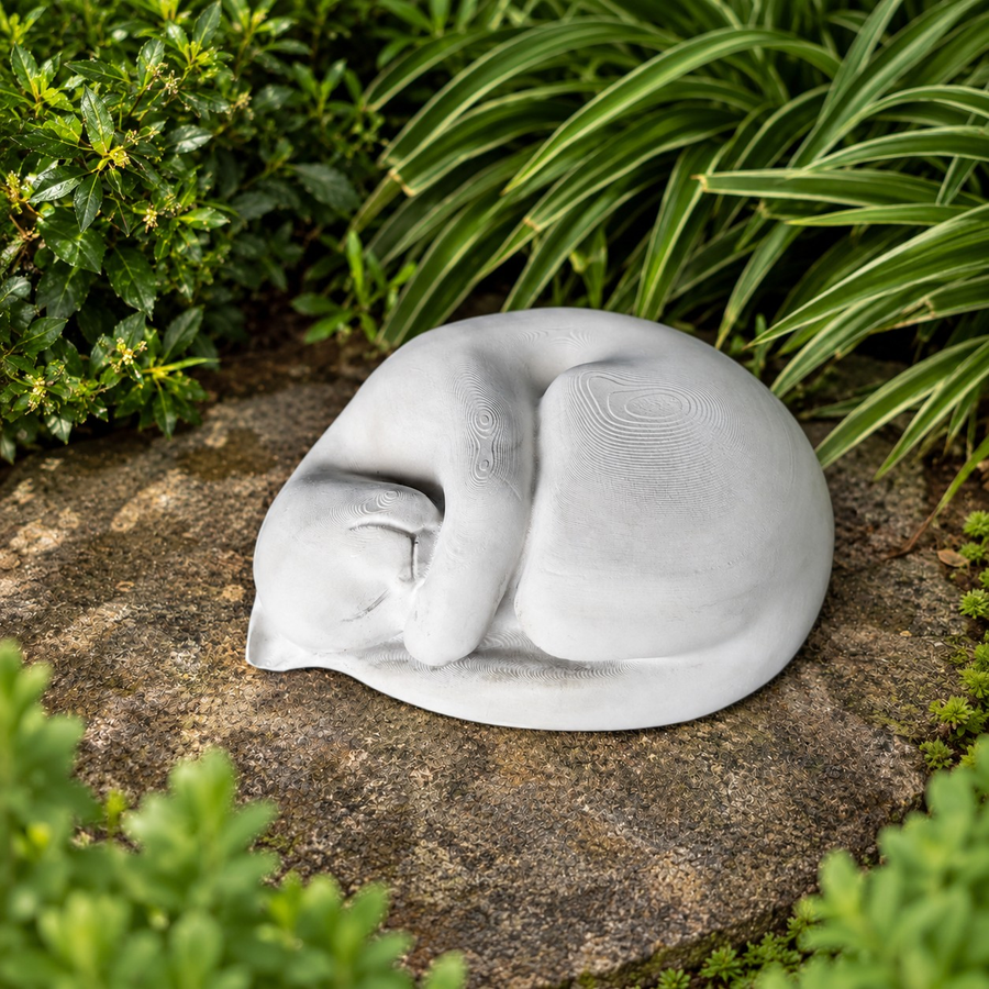 Sleeping Cat Garden Statue front view showing hand-finished cast stone detail