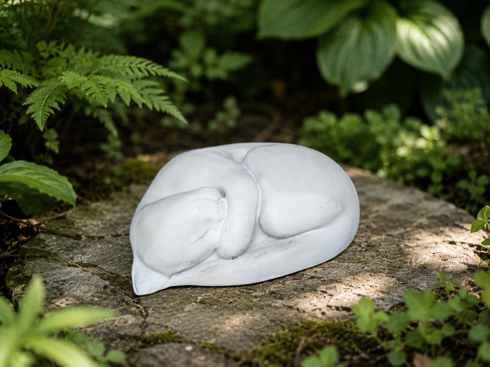Sleeping Cat Garden Statue on a stone path in dappled light