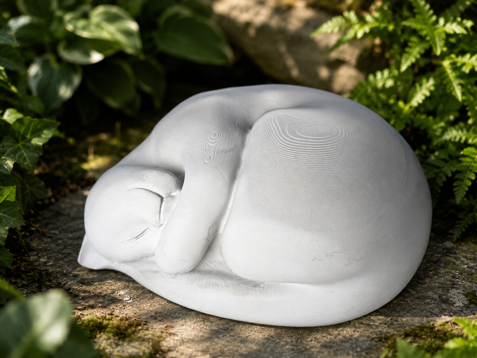 Sleeping Cat Garden Statue close front angle with carved fur texture