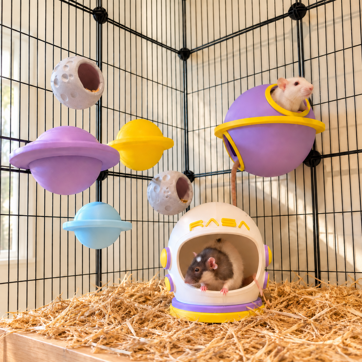 Space rat cage bundle with helmet and Saturn hides, three planet perches and two moon forage cups