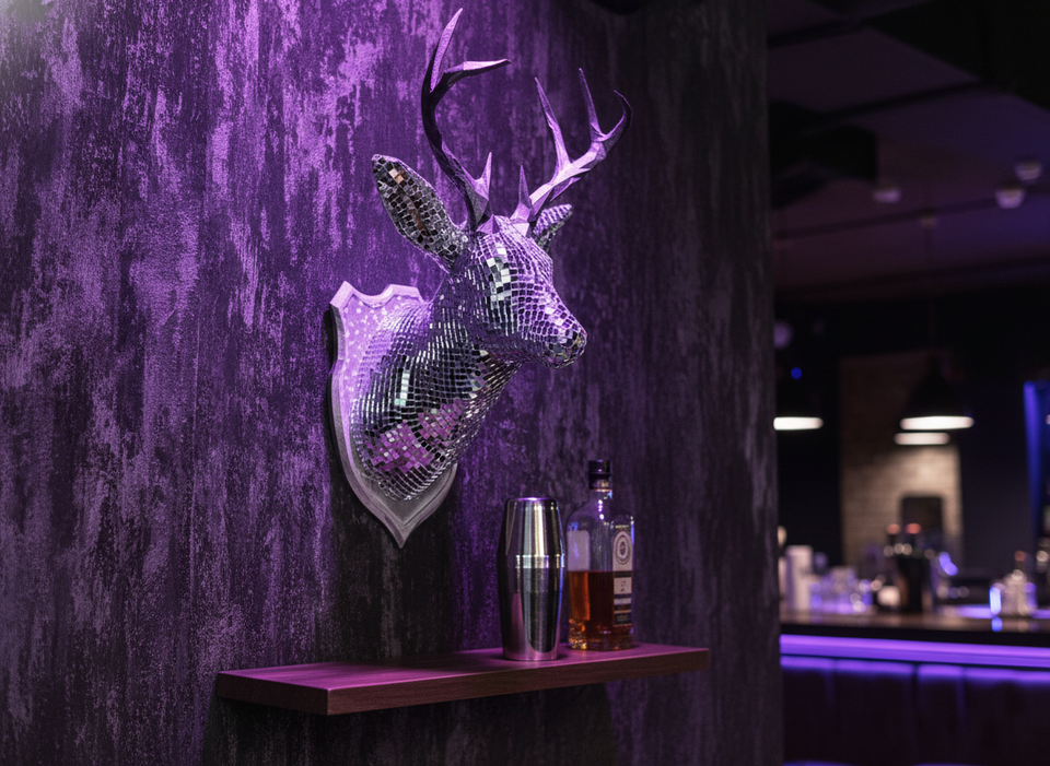 Stag Night mirror stag head mounted in bar setting