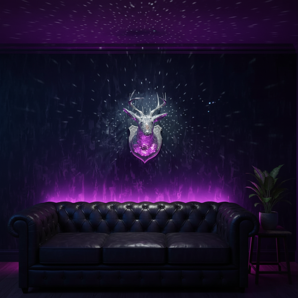 Stag Night mirror stag head above leather sofa with purple ambient lighting