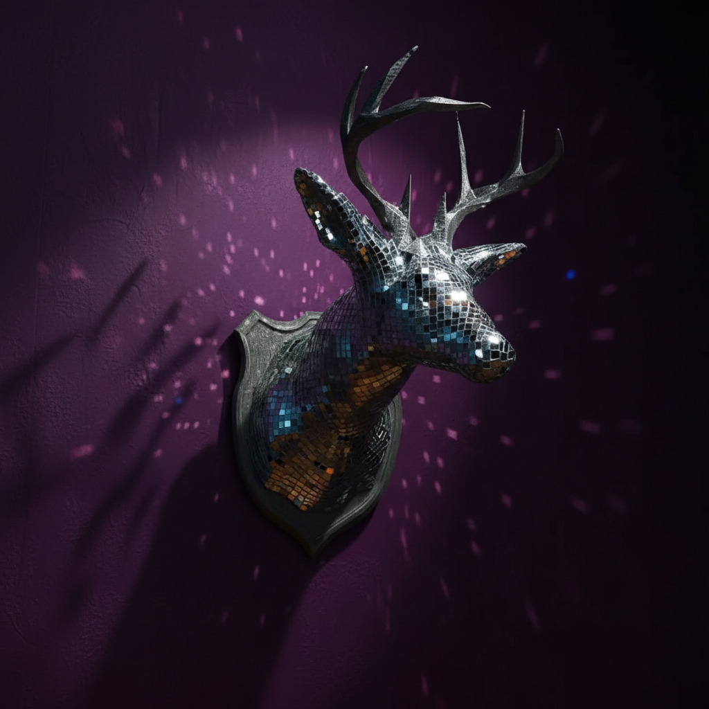 Stag Night stag head wall art on purple wall with light reflections
