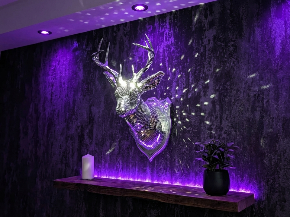 Stag Night mirror stag head on purple textured wall with shelf
