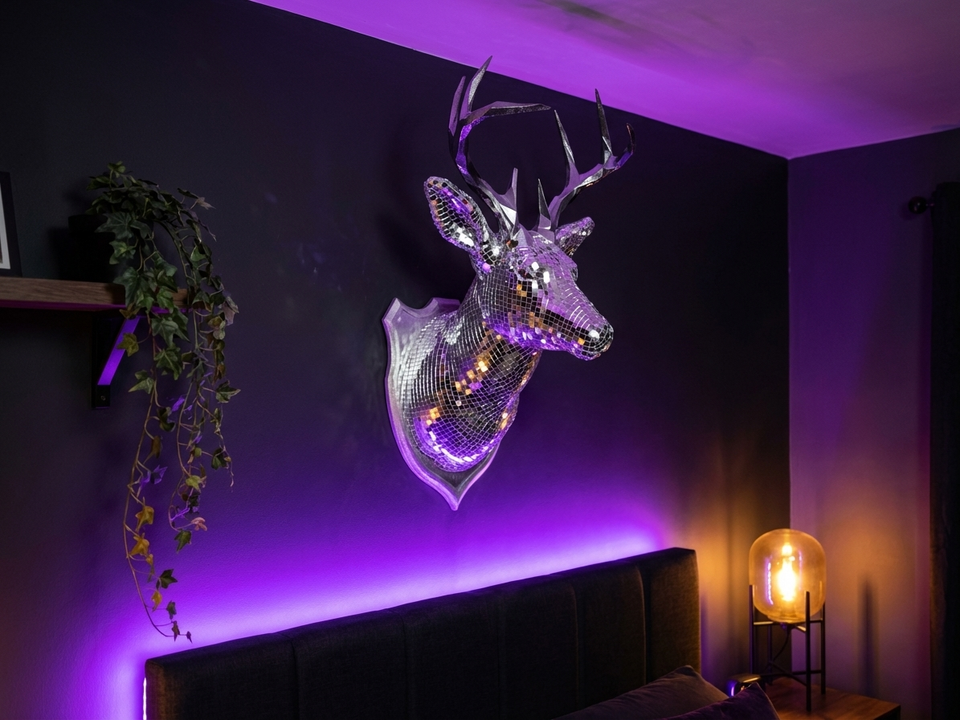 Stag Night mirror stag head with purple ambient light