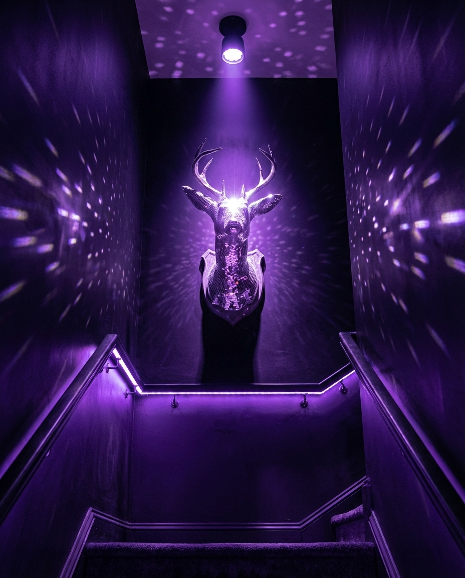 Stag Night at end of stairway with dramatic disco ball light reflections