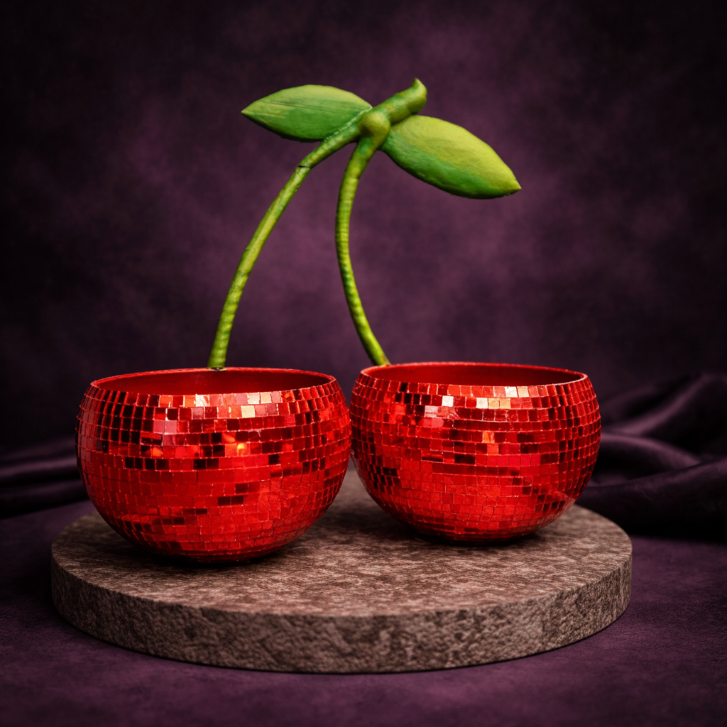 Pair of red mirror mosaic cherry planters on a round stone plinth