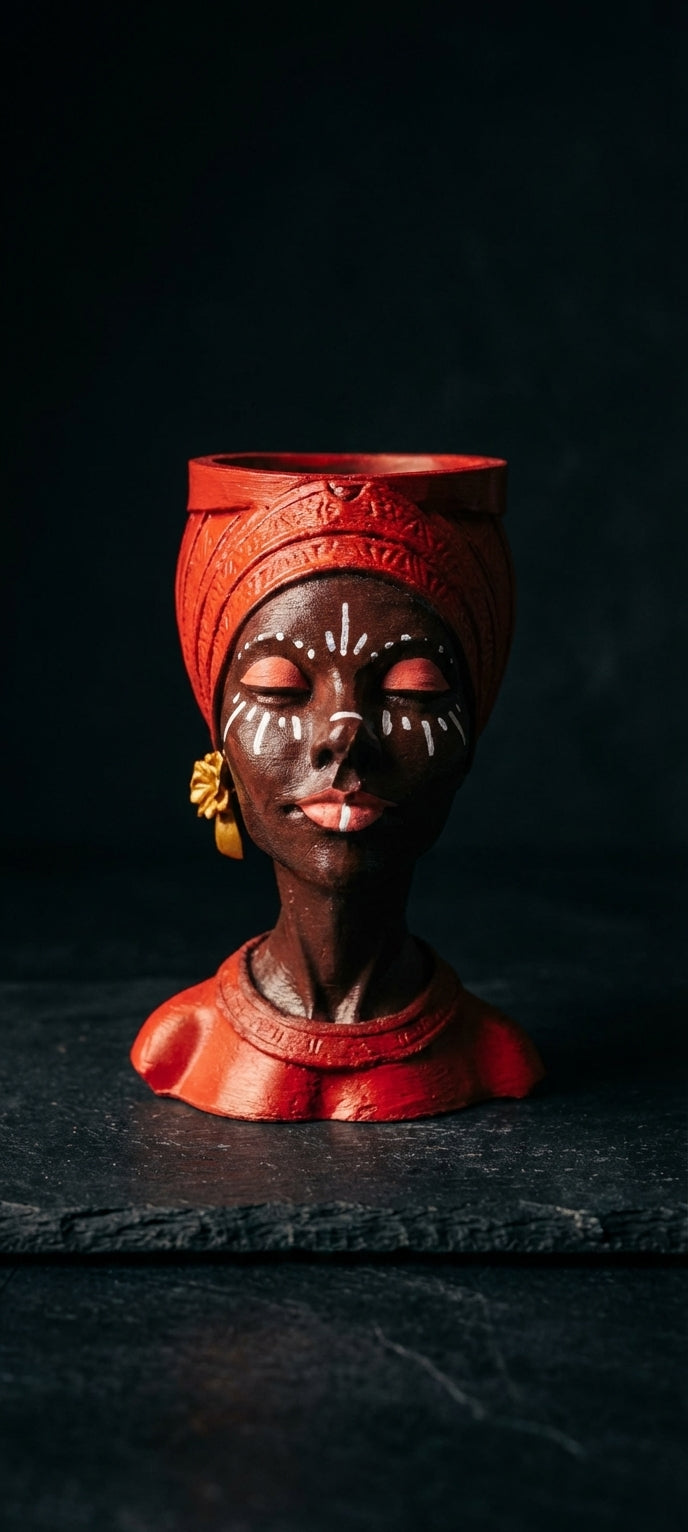Handmade Woman Head Planter | Afrocentric Decor, Gold Earrings - front view | Ripleys Nest