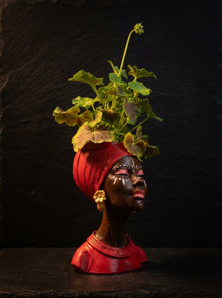 Handmade Woman Head Planter | Afrocentric Decor, Gold Earrings - detail view | Ripleys Nest
