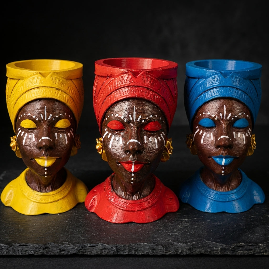Yellow, red and blue Afro woman head planters displayed together