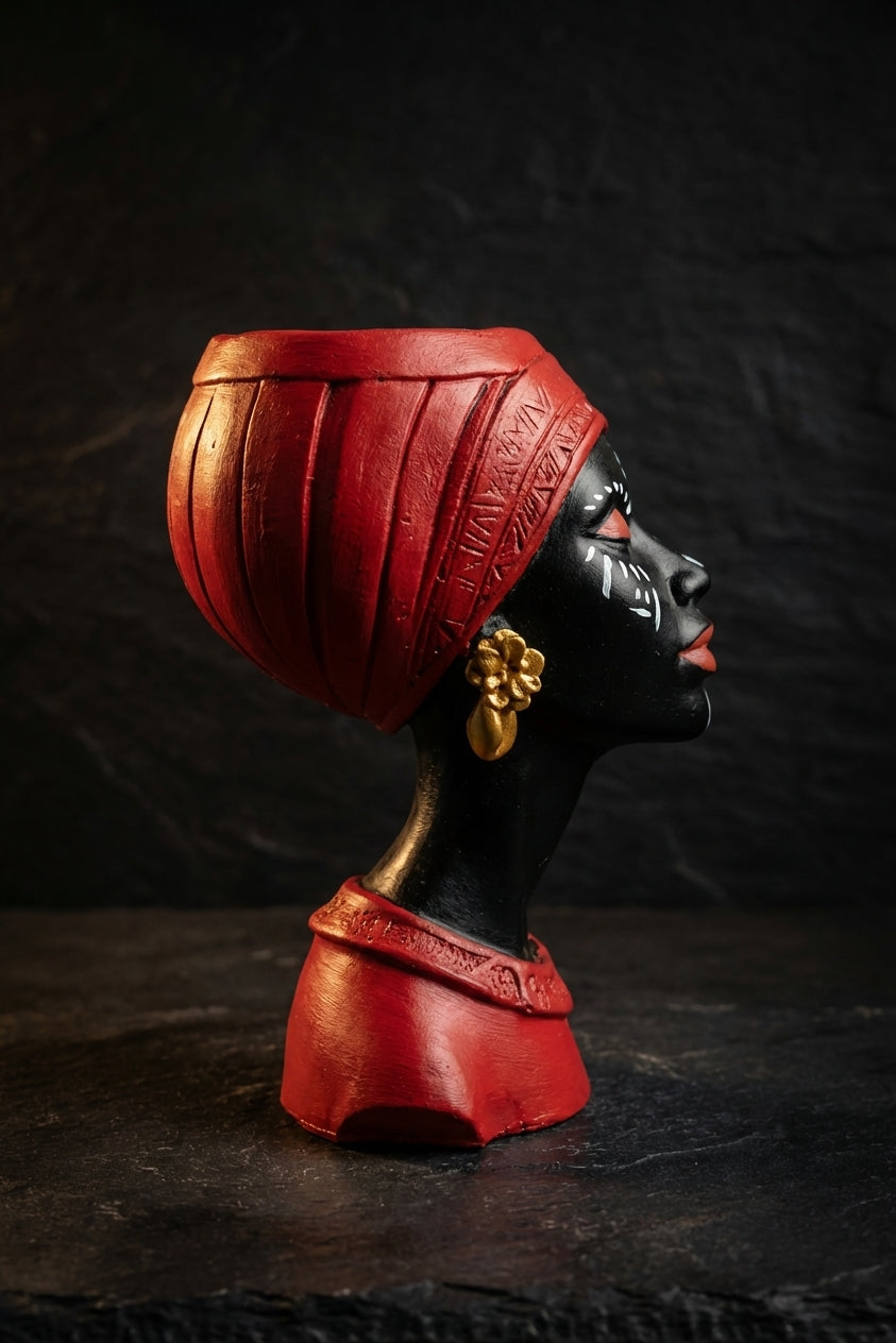 Handmade Woman Head Planter | Afrocentric Decor, Gold Earrings - angle view | Ripleys Nest