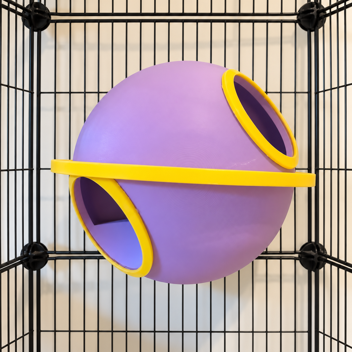 Lilac Saturn hide mounted to cage bars with two yellow-rimmed entrances and a yellow ring.