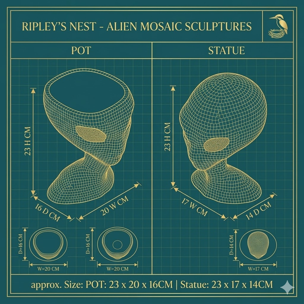 The Close Encounter dimensions - Pot 23x20x16cm Statue 23x17x14cm