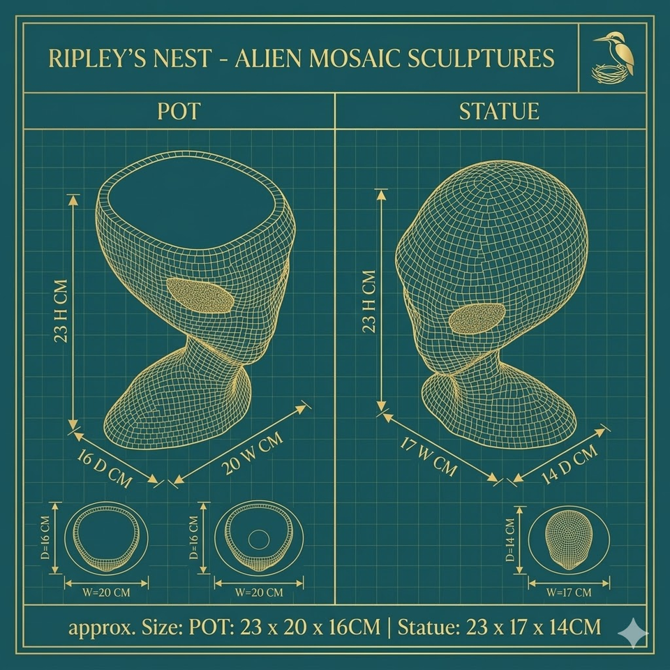 The Close Encounter dimensions - Pot 23x20x16cm Statue 23x17x14cm