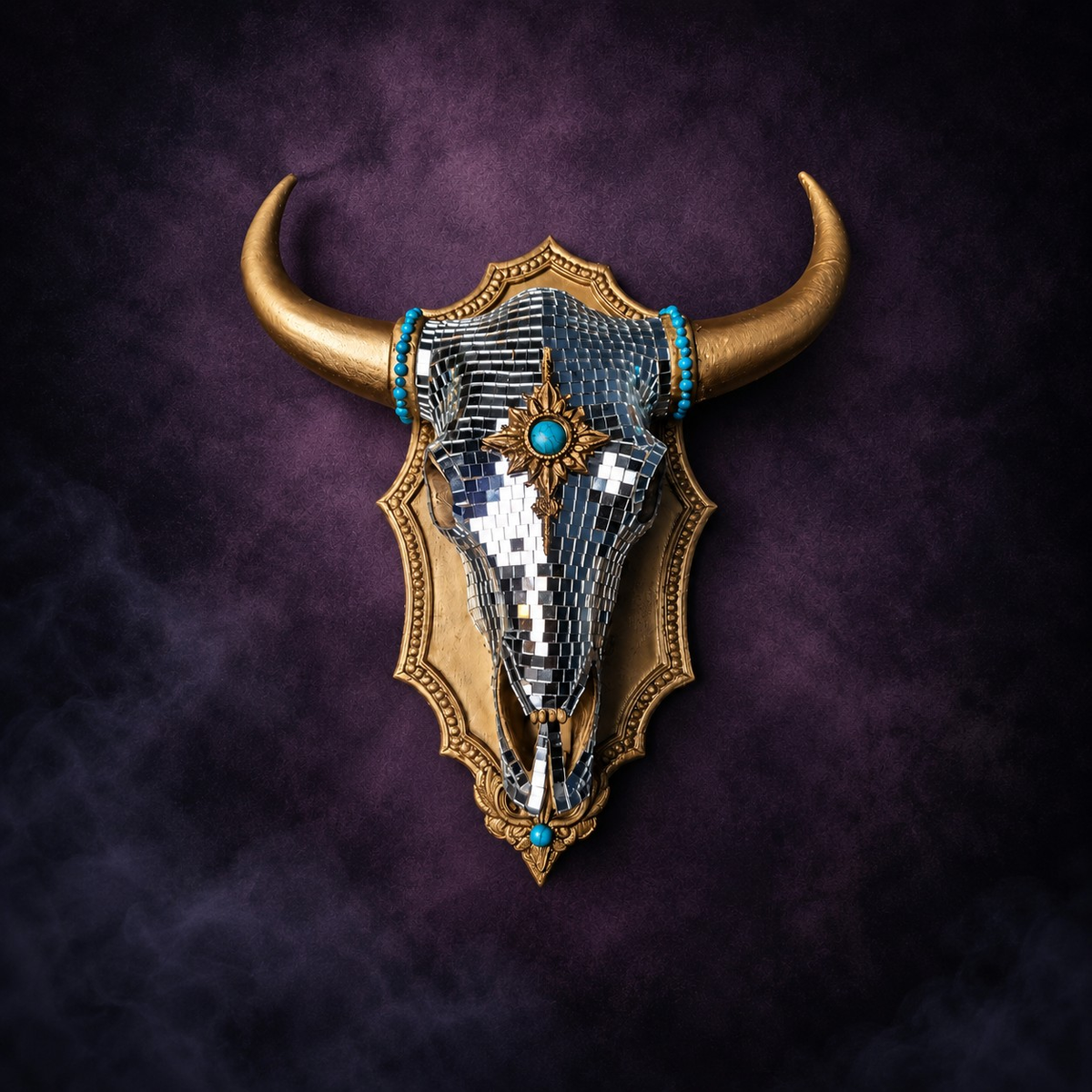 The Last Rodeo mirror ball bull skull wall art on purple smoky backdrop