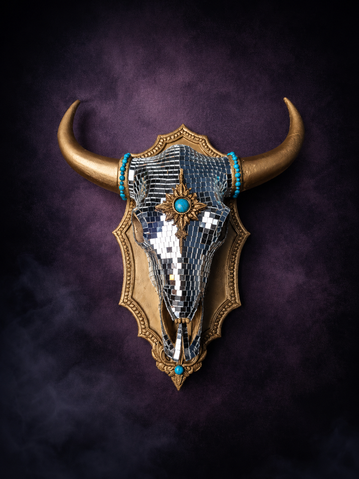 The Last Rodeo mirror ball bull skull wall art on purple smoky backdrop