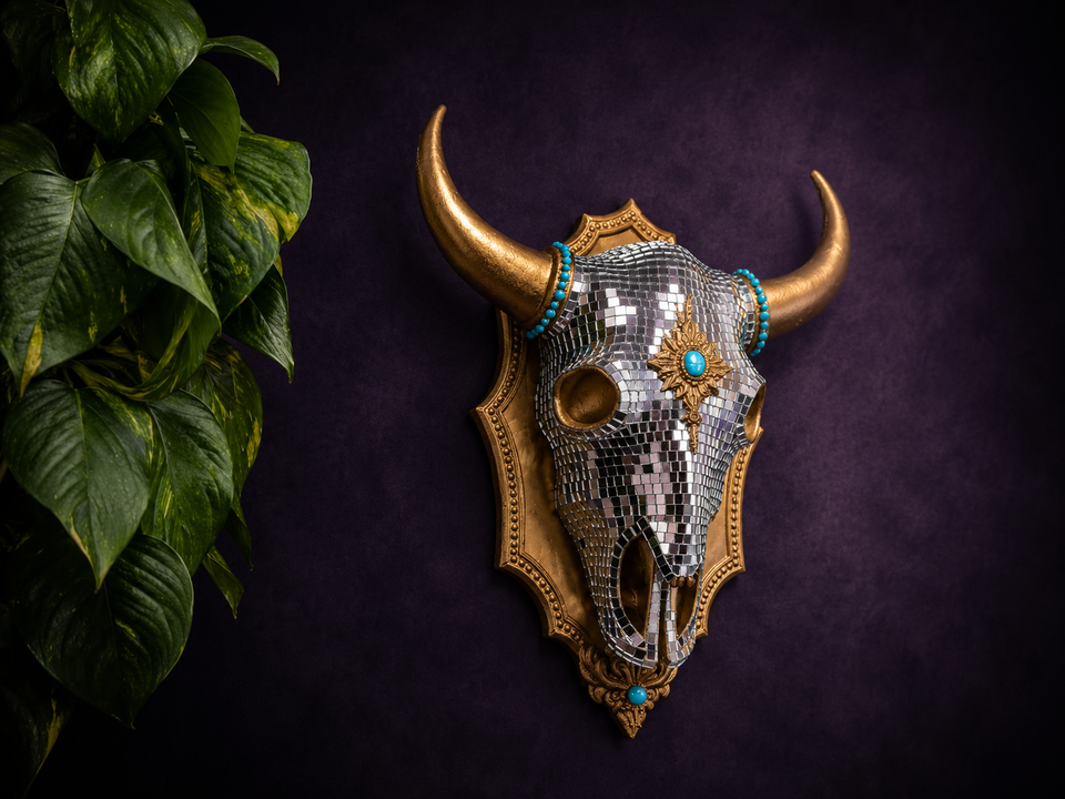 The Last Rodeo mirror ball bull skull wall art styled with green plant