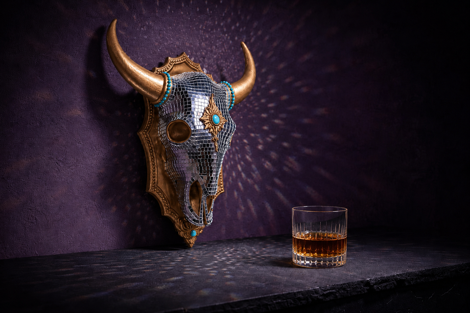 The Last Rodeo cowboy disco wall art with whiskey glass and mirror light scatter