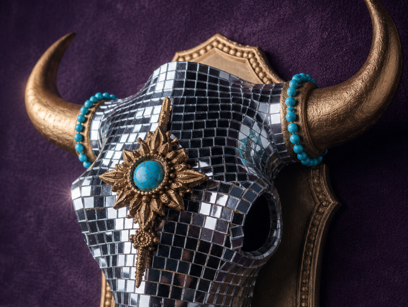 The Last Rodeo close up showing turquoise cabochon and silver glass mirror tiles