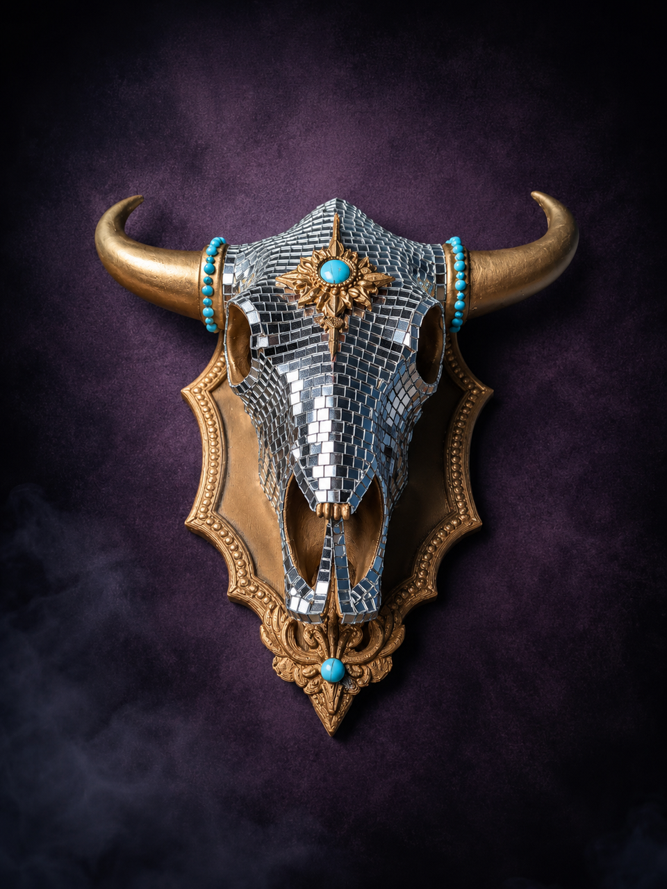 The Last Rodeo front view mirror ball bull skull with gold horns and turquoise detail