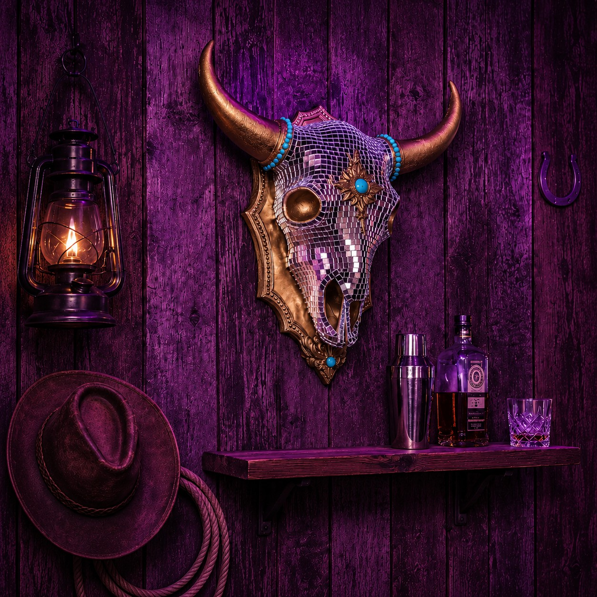 The Last Rodeo western bar shelf lifestyle with lantern and cowboy styling