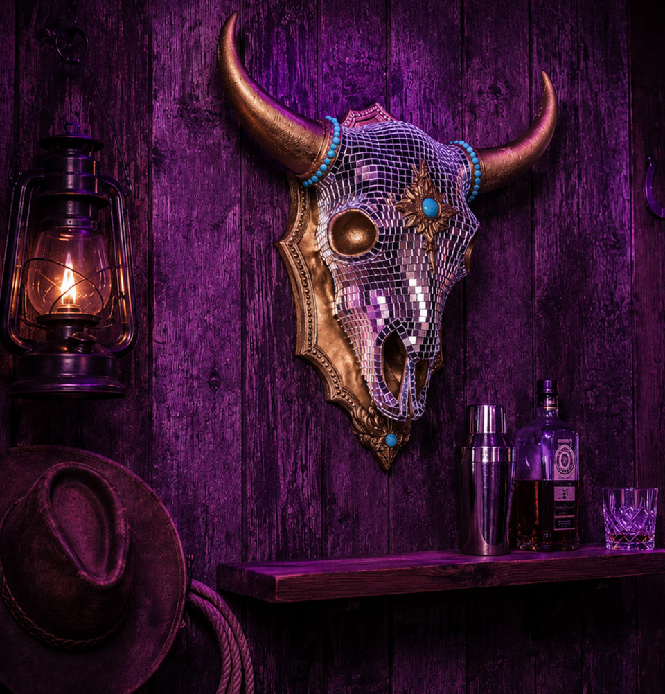 The Last Rodeo western bar shelf lifestyle with lantern and cowboy styling