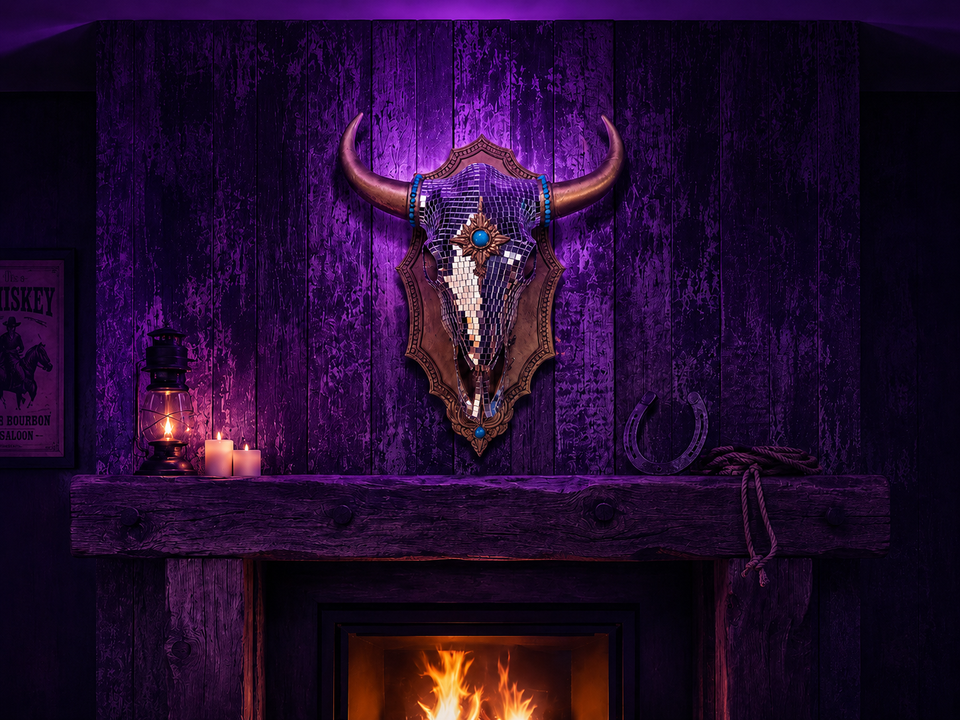The Last Rodeo mirror ball bull skull above purple fireplace mantel