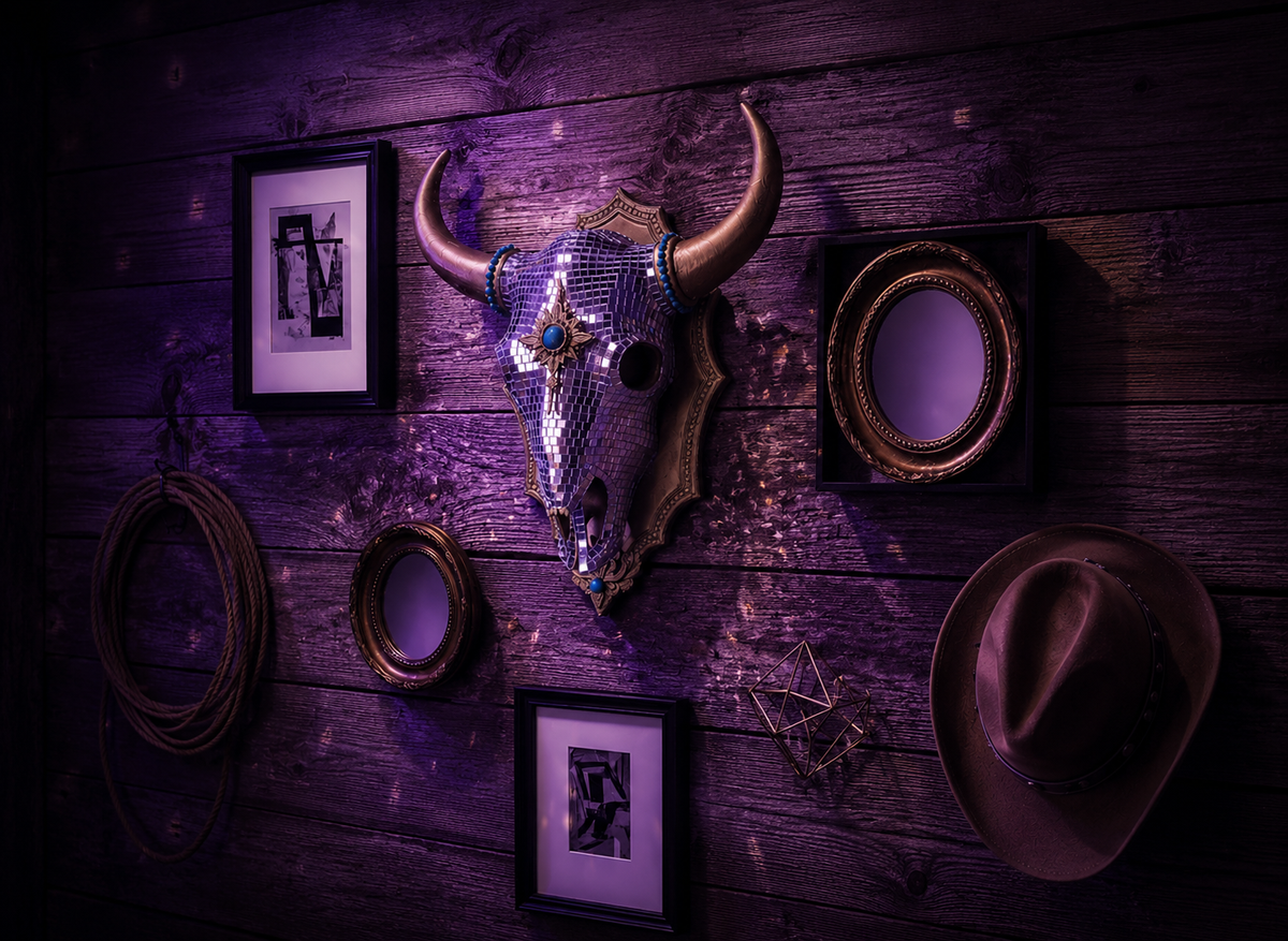 The Last Rodeo cowboy disco gallery wall with mirror ball light reflections