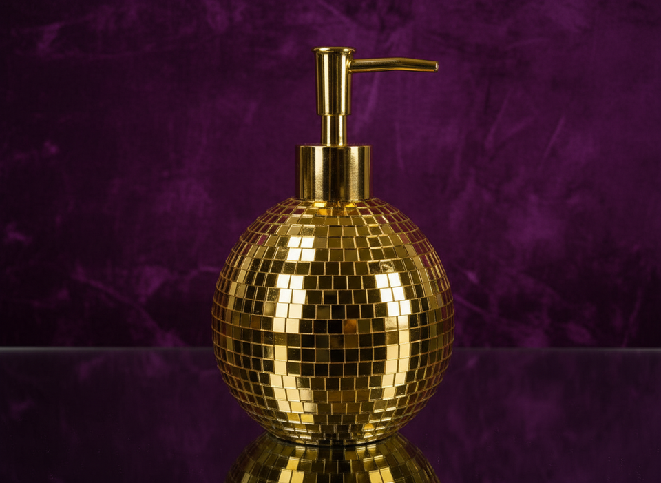 The Lather Ball rose gold mirror ball soap pump close up