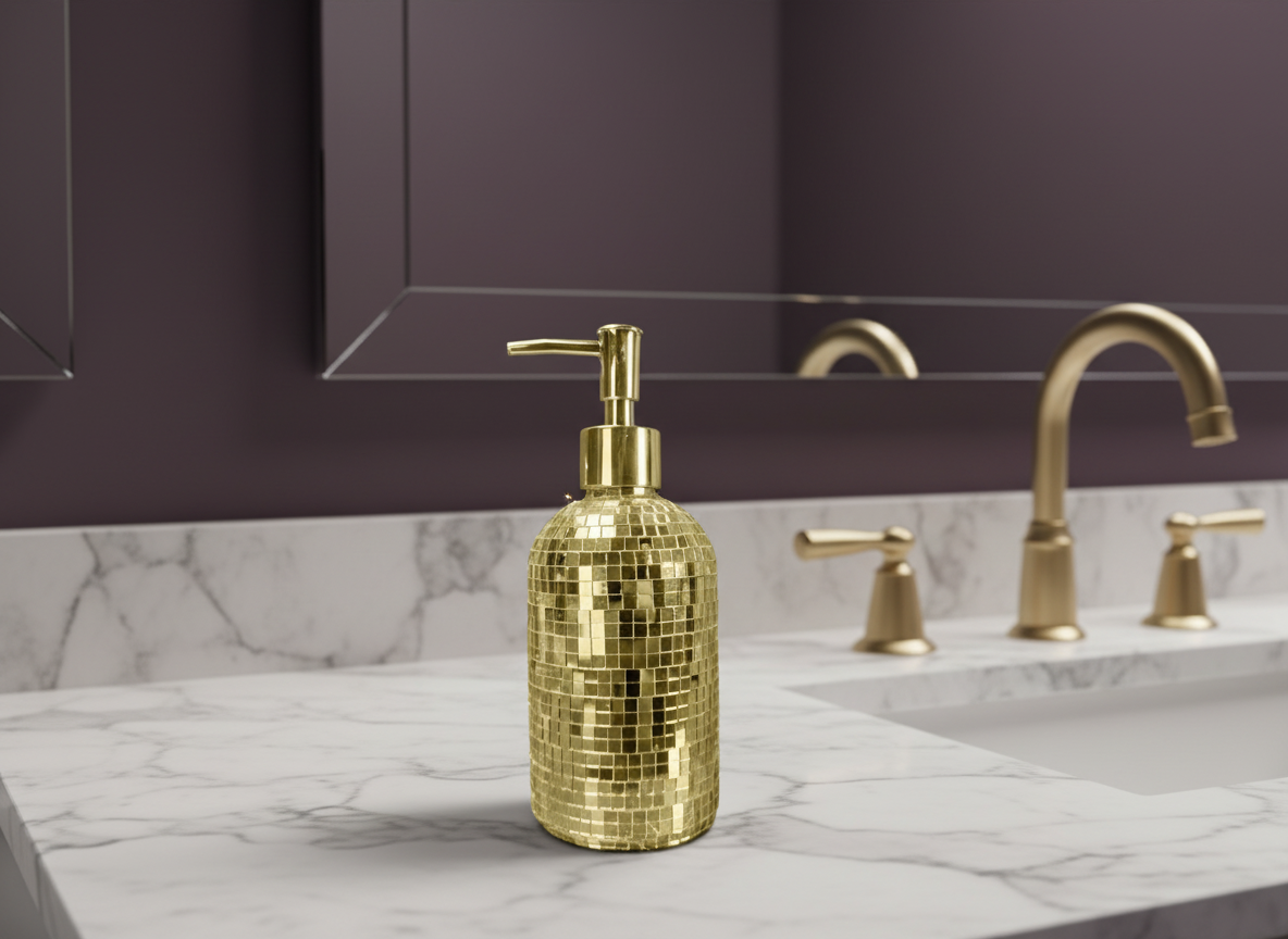 The Lather Ball gold disco soap dispenser bathroom lifestyle