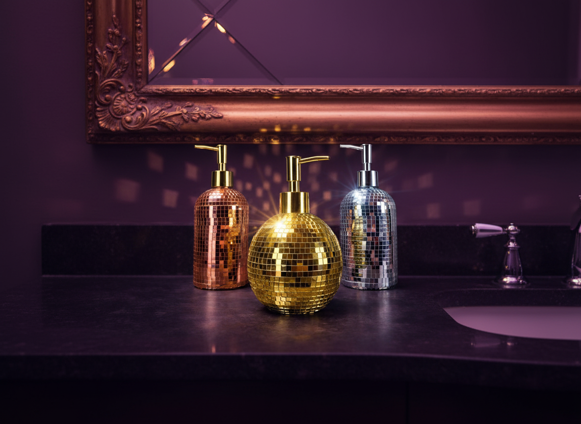 The Lather Ball rose gold disco bathroom decor studio shot