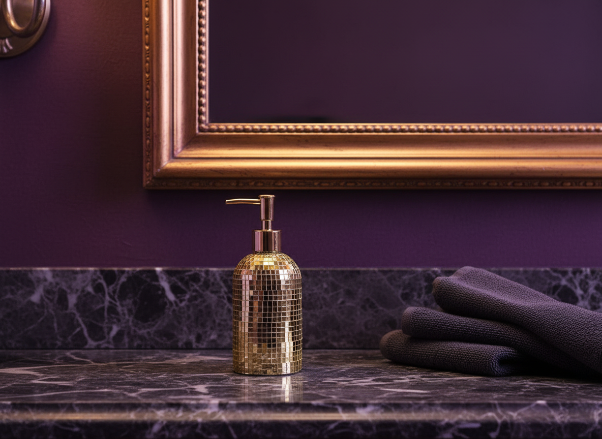 The Lather Ball gold mirror tile soap dispenser side angle