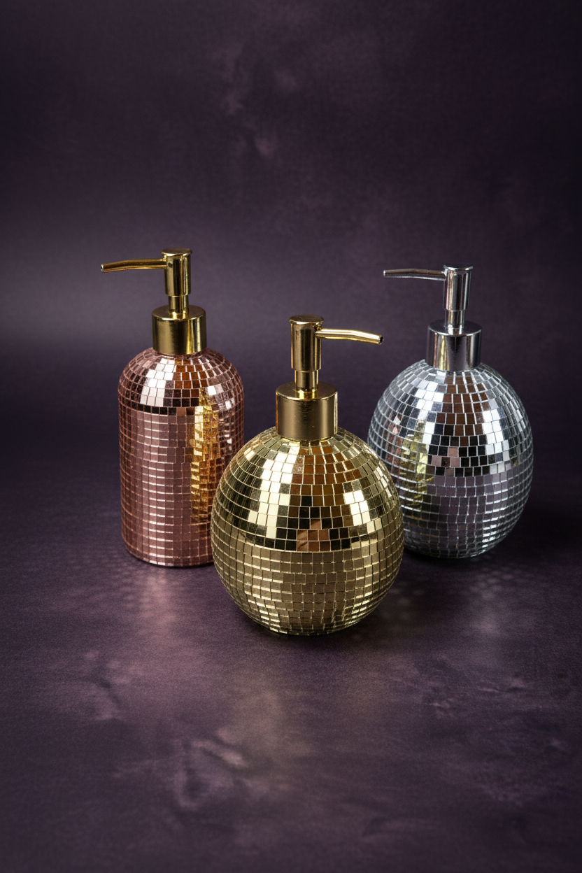 The Lather Ball rose gold mirror soap dispenser close up detail