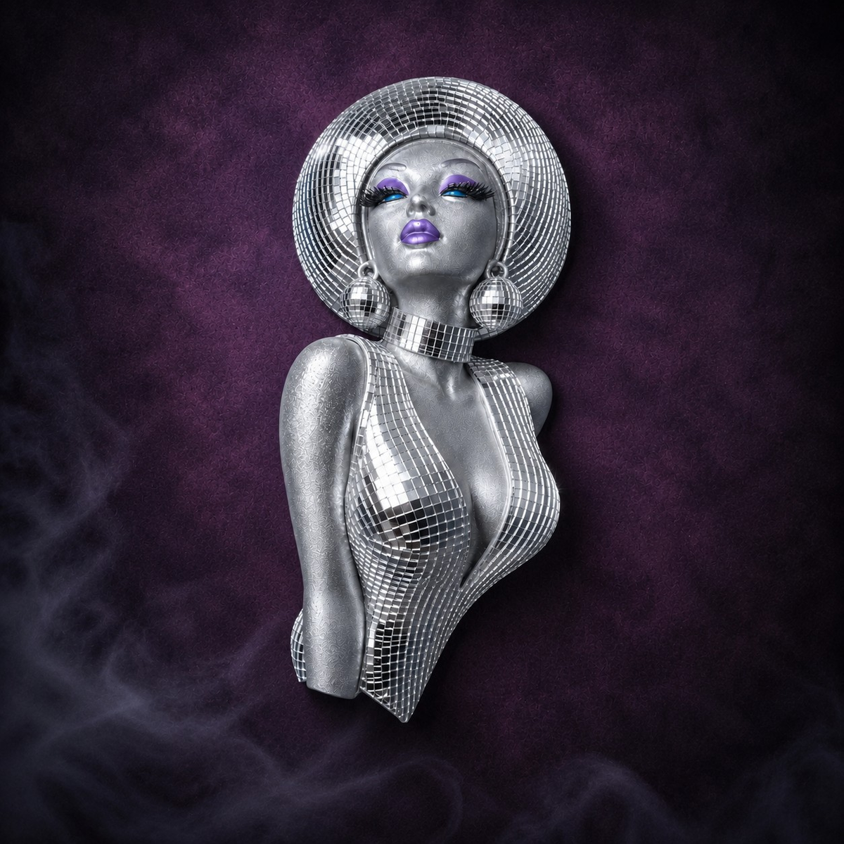 The Mirrorball Muse mirror ball bust wall art on purple smoky backdrop
