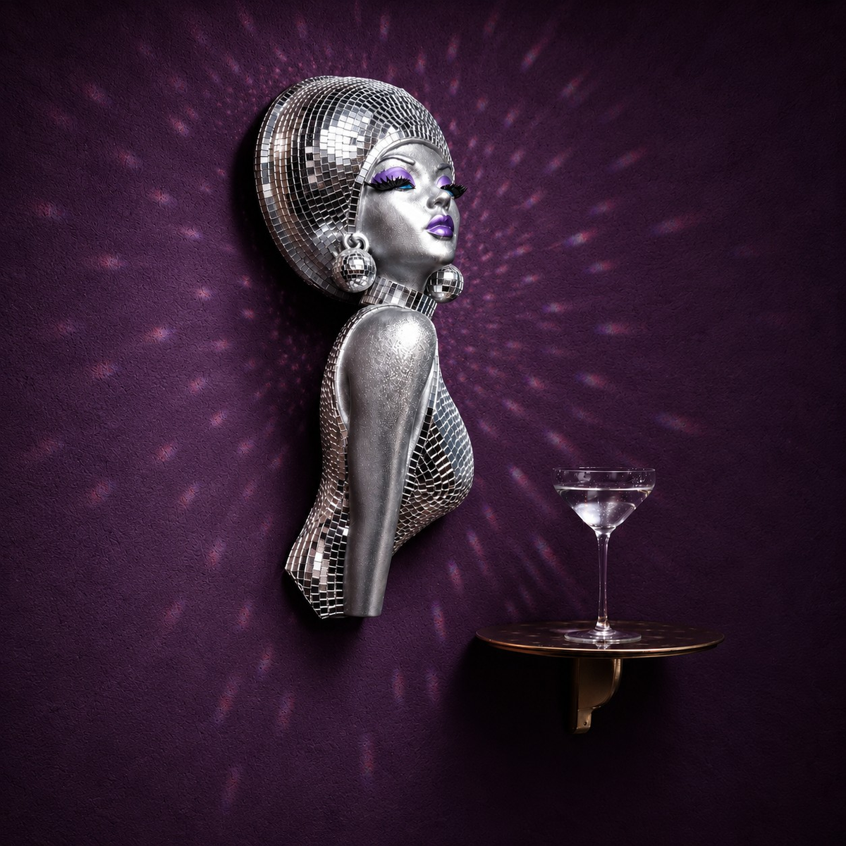 The Mirrorball Muse side view with cocktail shelf on purple wall