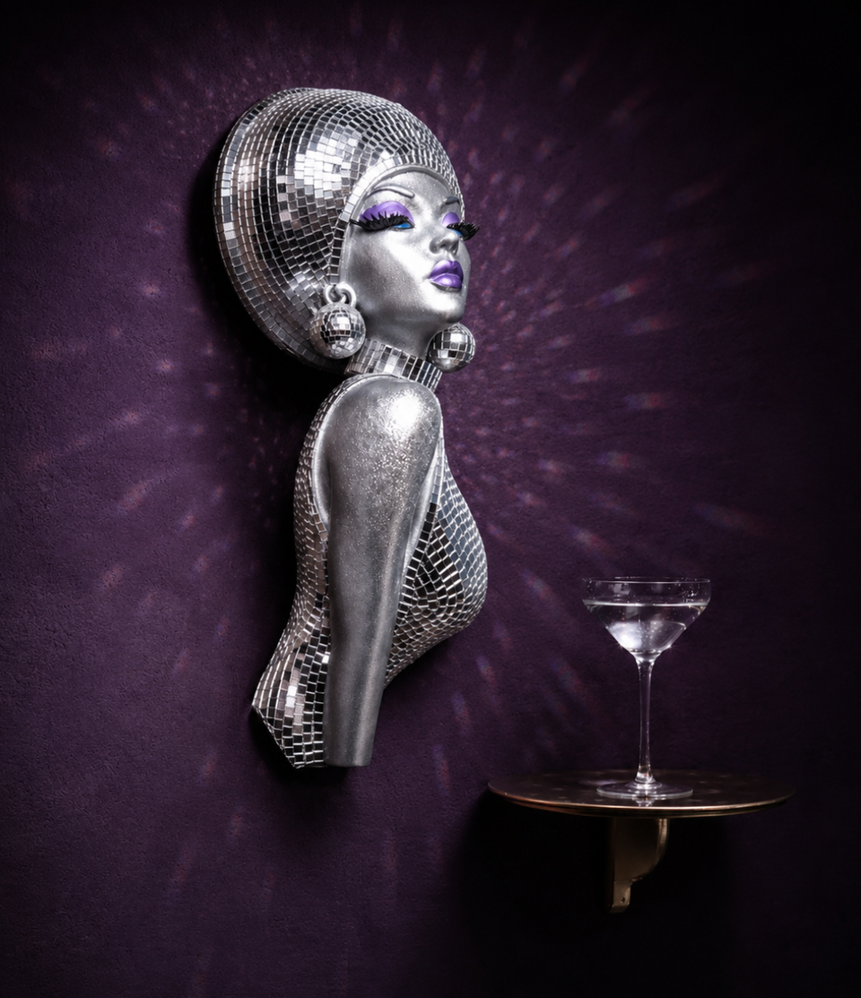 The Mirrorball Muse side view with cocktail shelf on purple wall