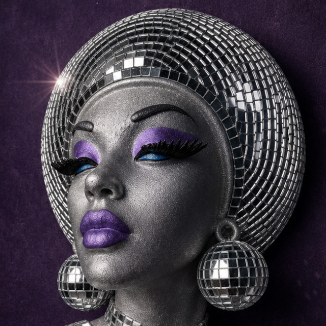 The Mirrorball Muse close up showing face detail and glass mirror tiles